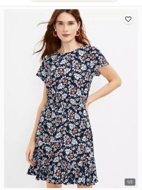 LOFT Blue Floral Short-Sleeve Fit & Flare Dress with Pink/Orange Blooms